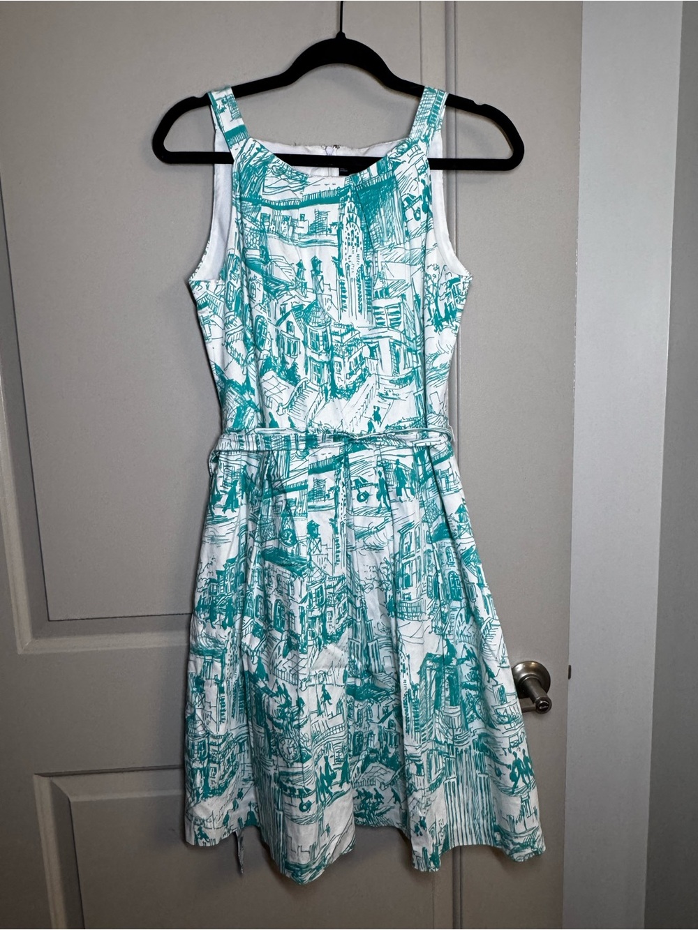 Chetta B White Dress with Teal Scenic Print
